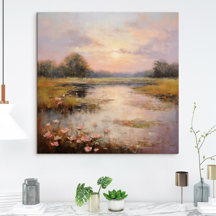 Pictura unui lac cu flori