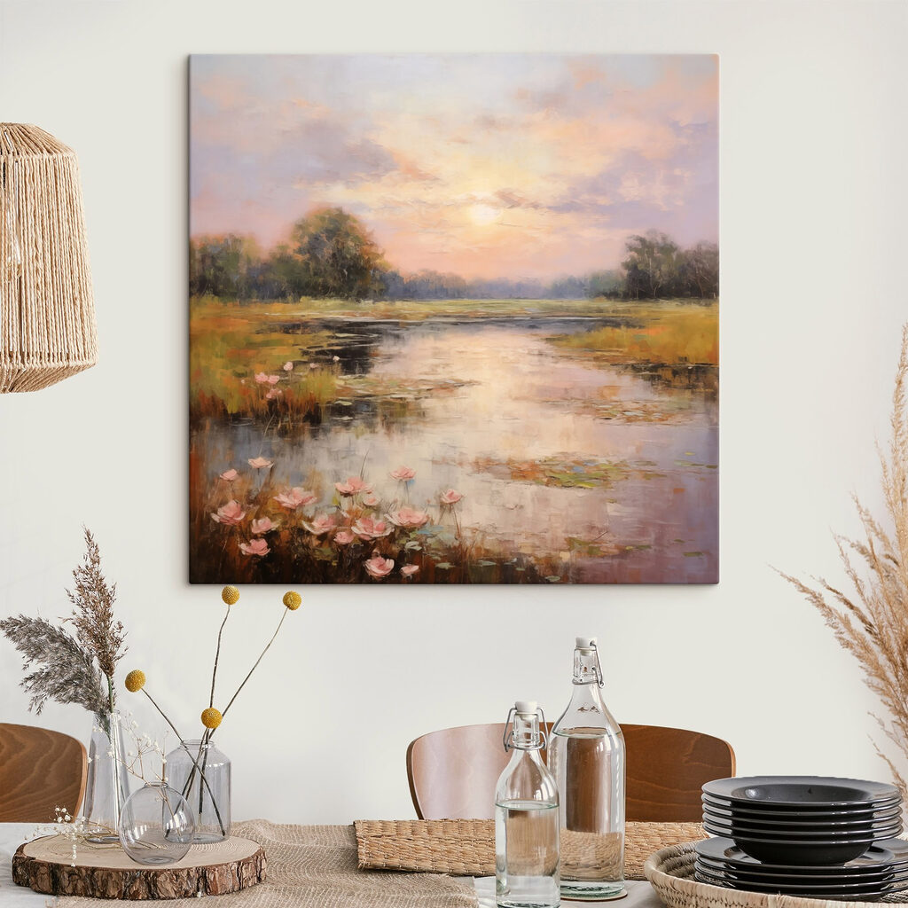 Painting of a lake with flowers