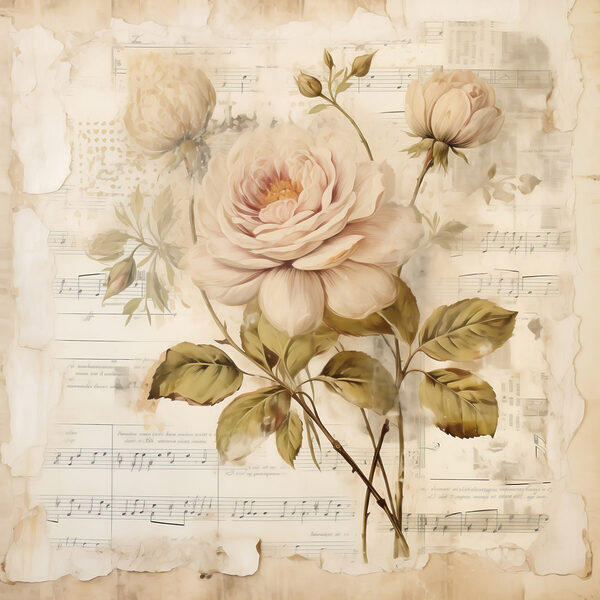 Painting of flowers on a sheet of music