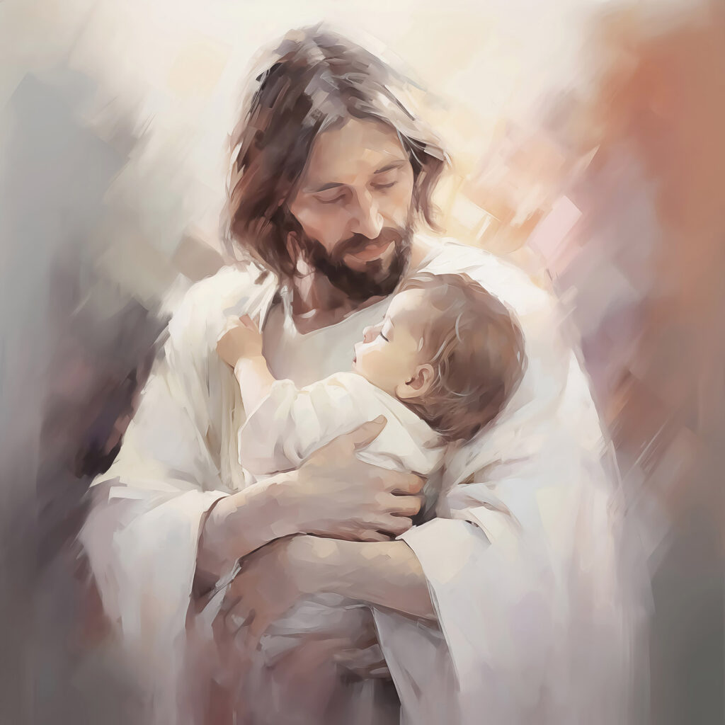 Painting of a man holding a baby