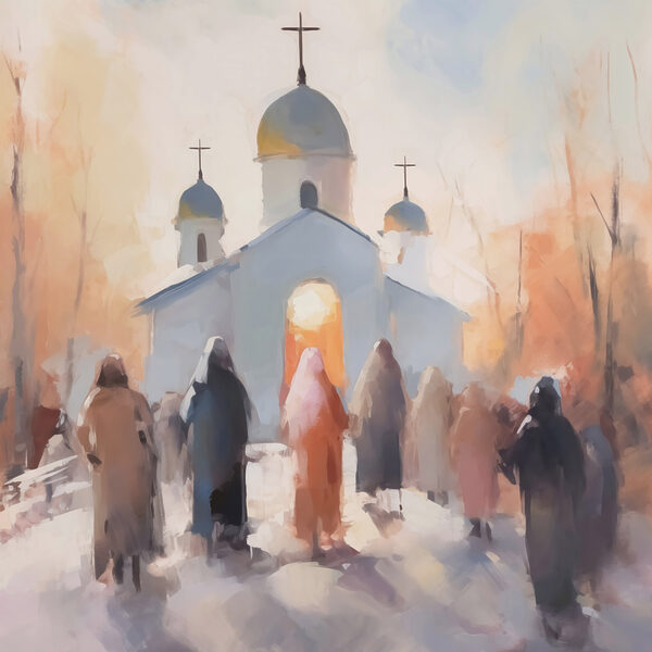 Group of people walking in front of a church
