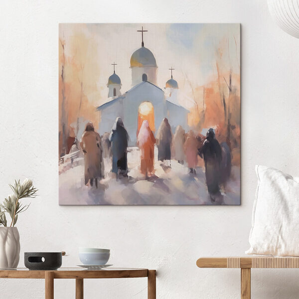 Tablouri Grup de oameni care merg pe jos în fața unei biserici