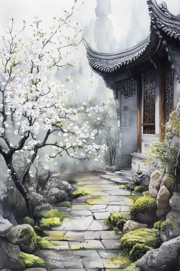 Painting of a building with a tree and flowers