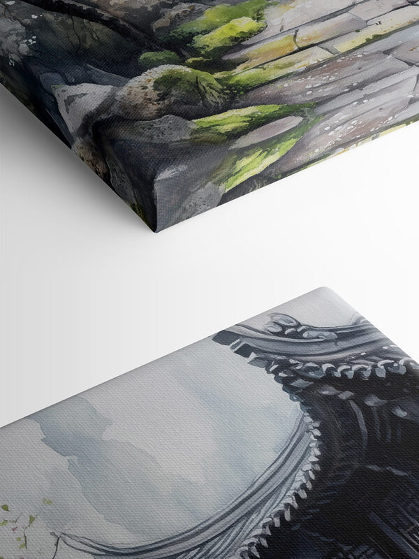 Painting of a building with a tree and flowers