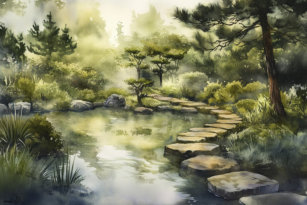 Watercolor painting of a path leading to a pond