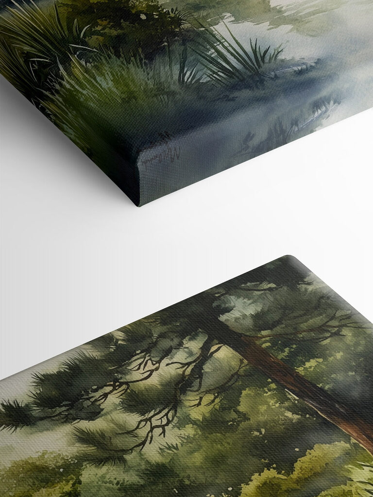 Watercolor painting of a path leading to a pond