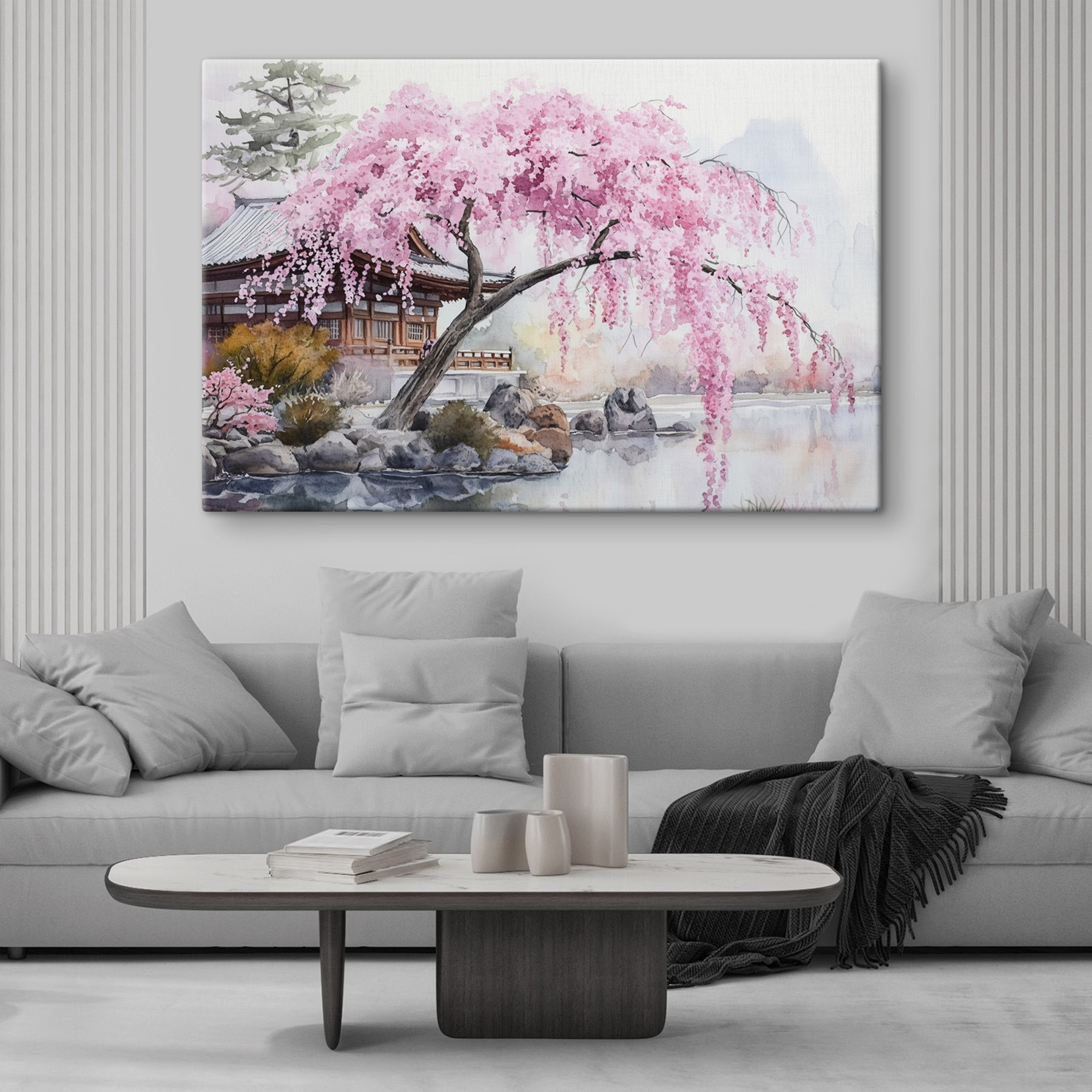 Watercolor painting of a tree with pink flowers