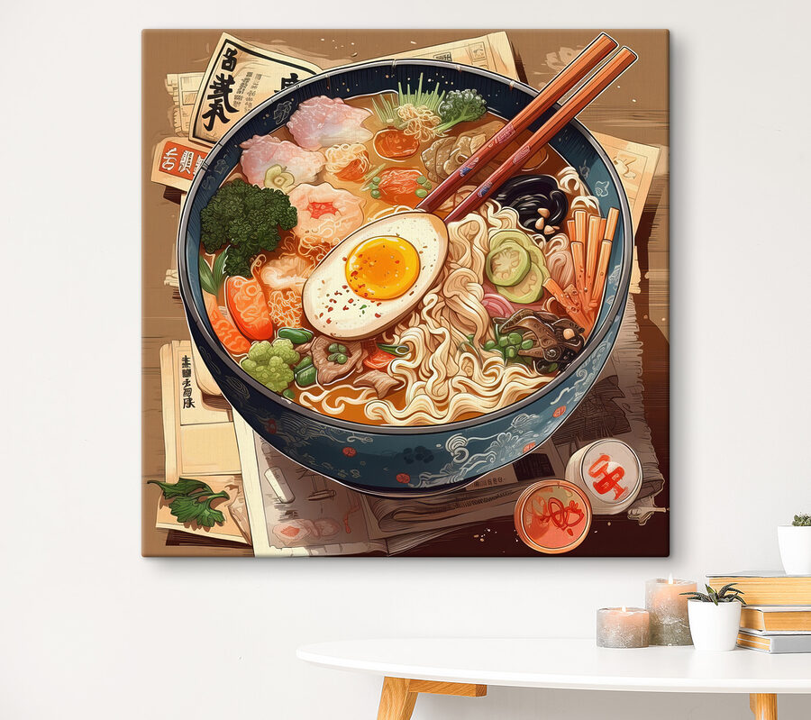 Un bol de ramen cu bețișoare și un ou Un bol de ramen cu bețișoare și un ou