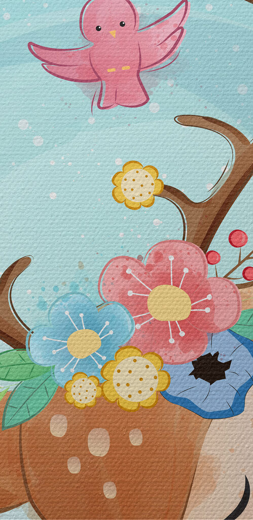 A cartoon deer with flowers and birds A cartoon deer with flowers and birds