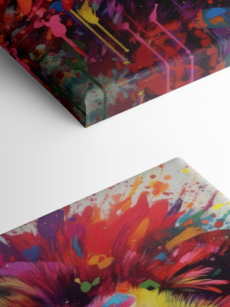 A colorful lion with white whiskers