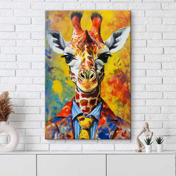 O pictură a unei girafe purtând o cămașă O pictură a unei girafe purtând o cămașă