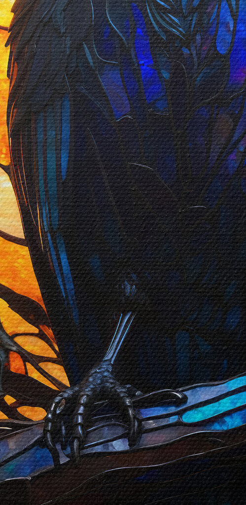 A stained glass window with a bird on a branch