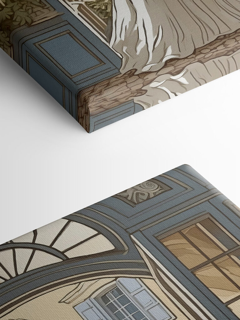 Woman in a dress and hat looking out a window