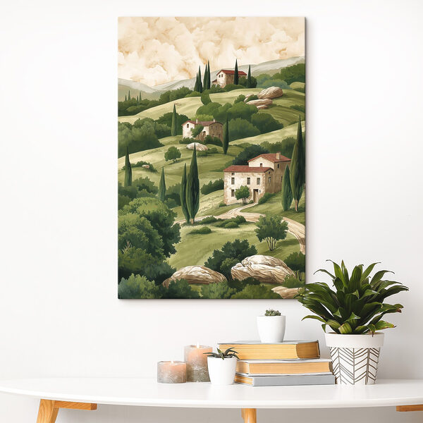 Painting of a landscape with houses and trees