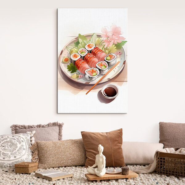 Farfurie de sushi cu sos și flori Farfurie de sushi cu sos și flori