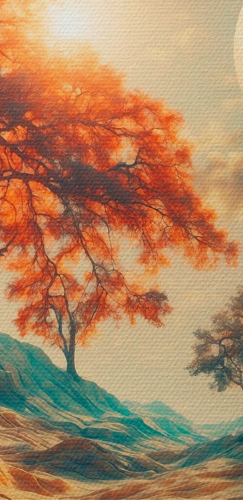 Landscape with trees and mountains and a moon