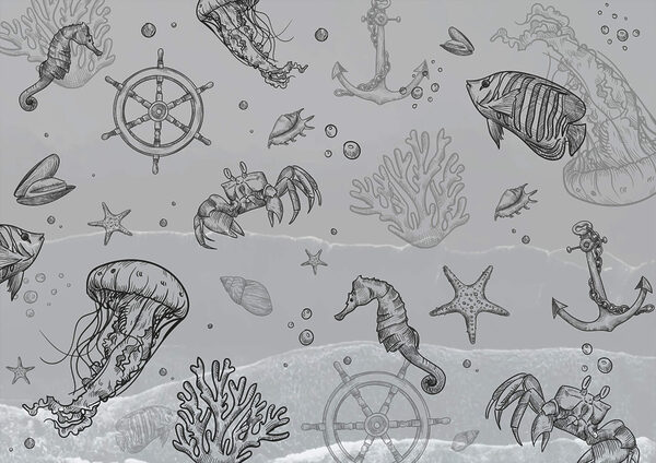 Fundal gri cu creaturi marine Fundal gri cu creaturi marine