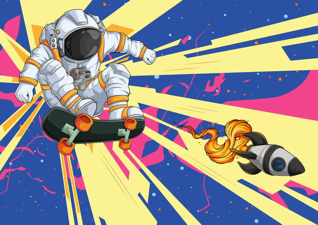 Un astronaut călare pe un skateboard Un astronaut călare pe un skateboard