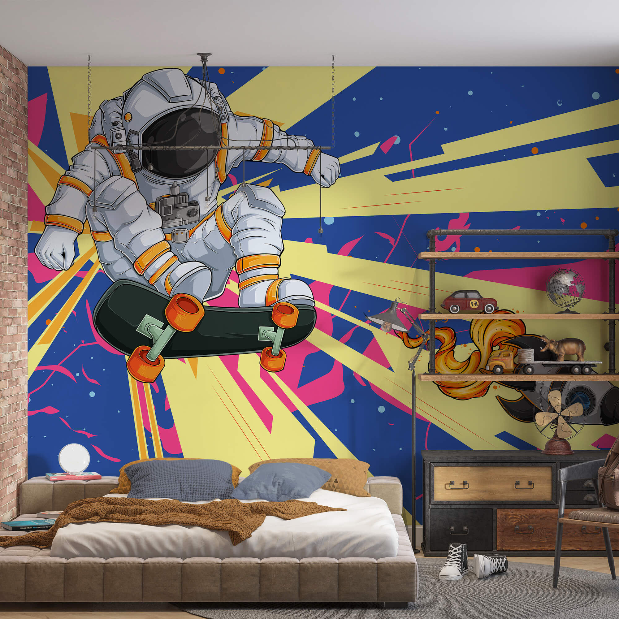 Un astronaut călare pe un skateboard