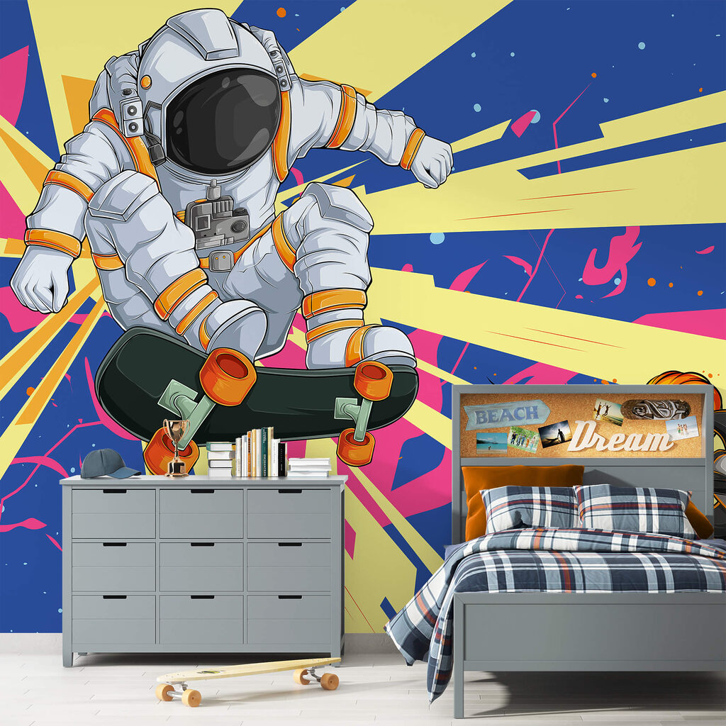 Un astronaut călare pe un skateboard