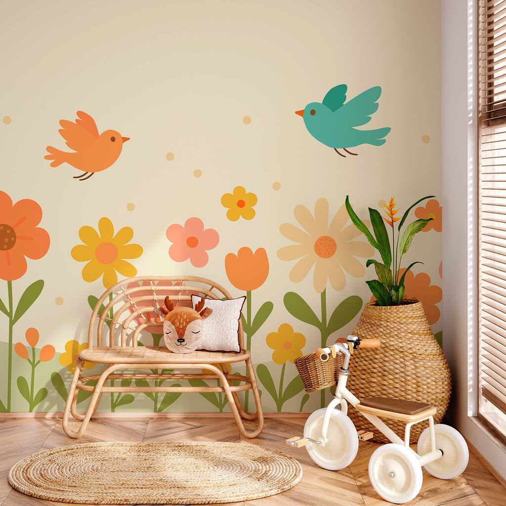 Păsări care zboară peste flori