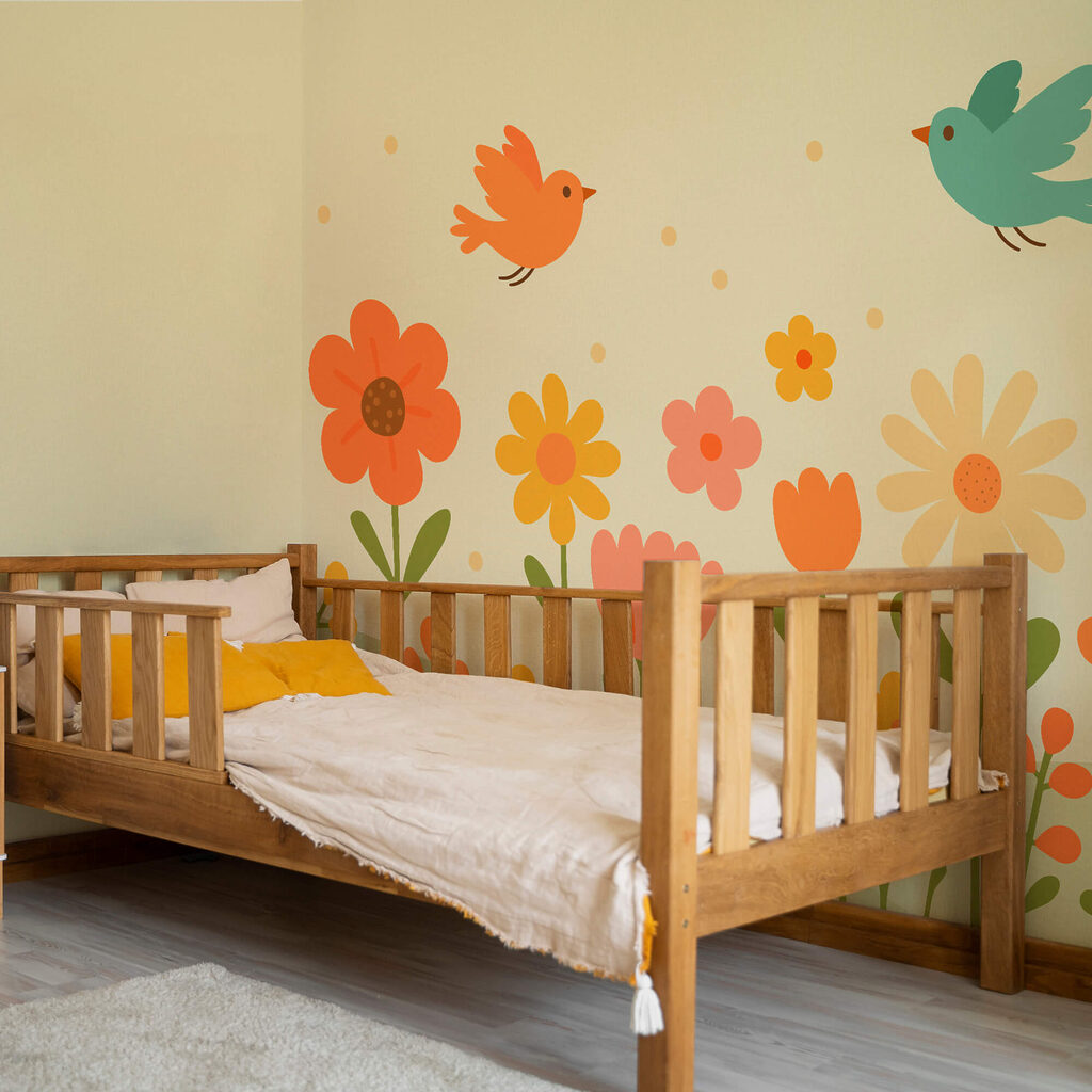 Păsări care zboară peste flori