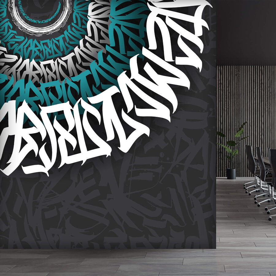 Graffiti alb și albastru pe un fundal negru