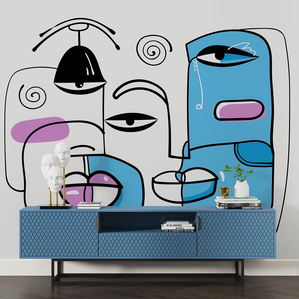 Grup de fețe desenate pe un fundal alb