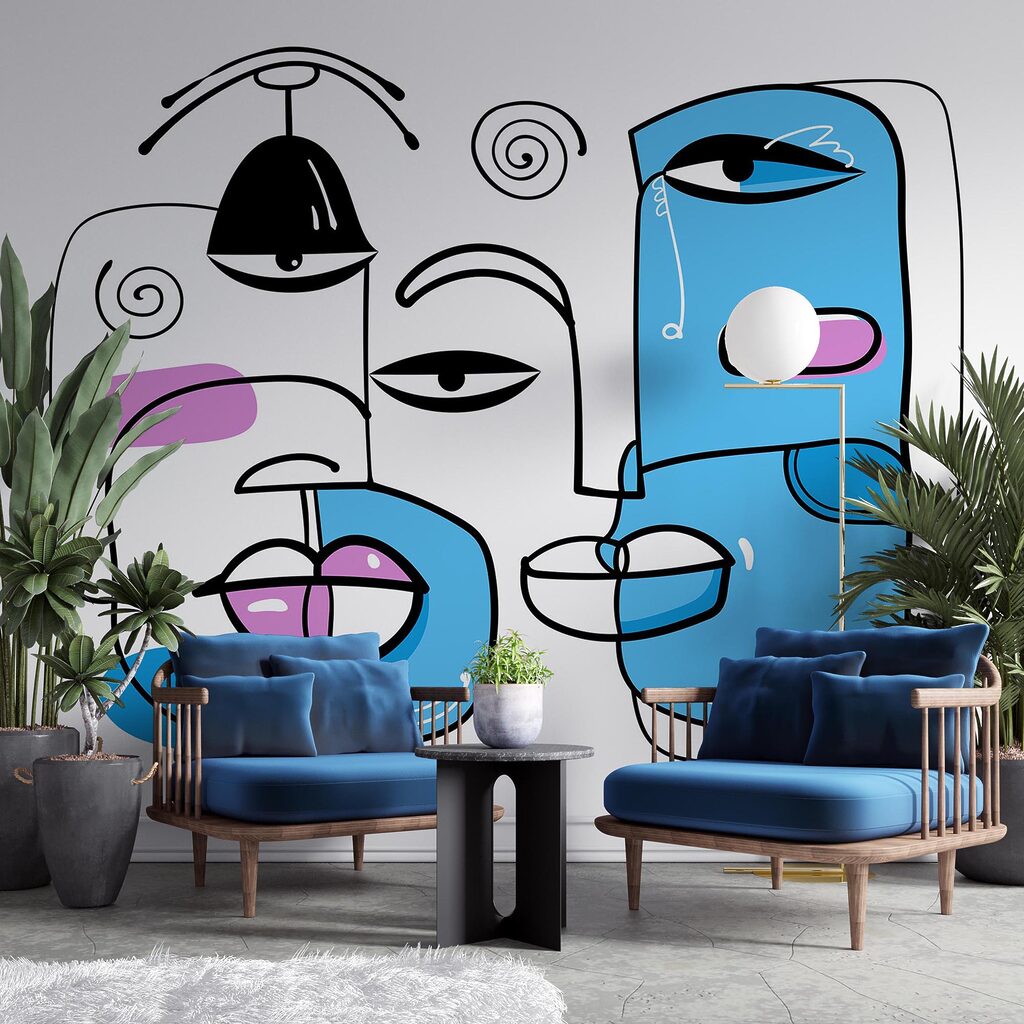 Grup de fețe desenate pe un fundal alb