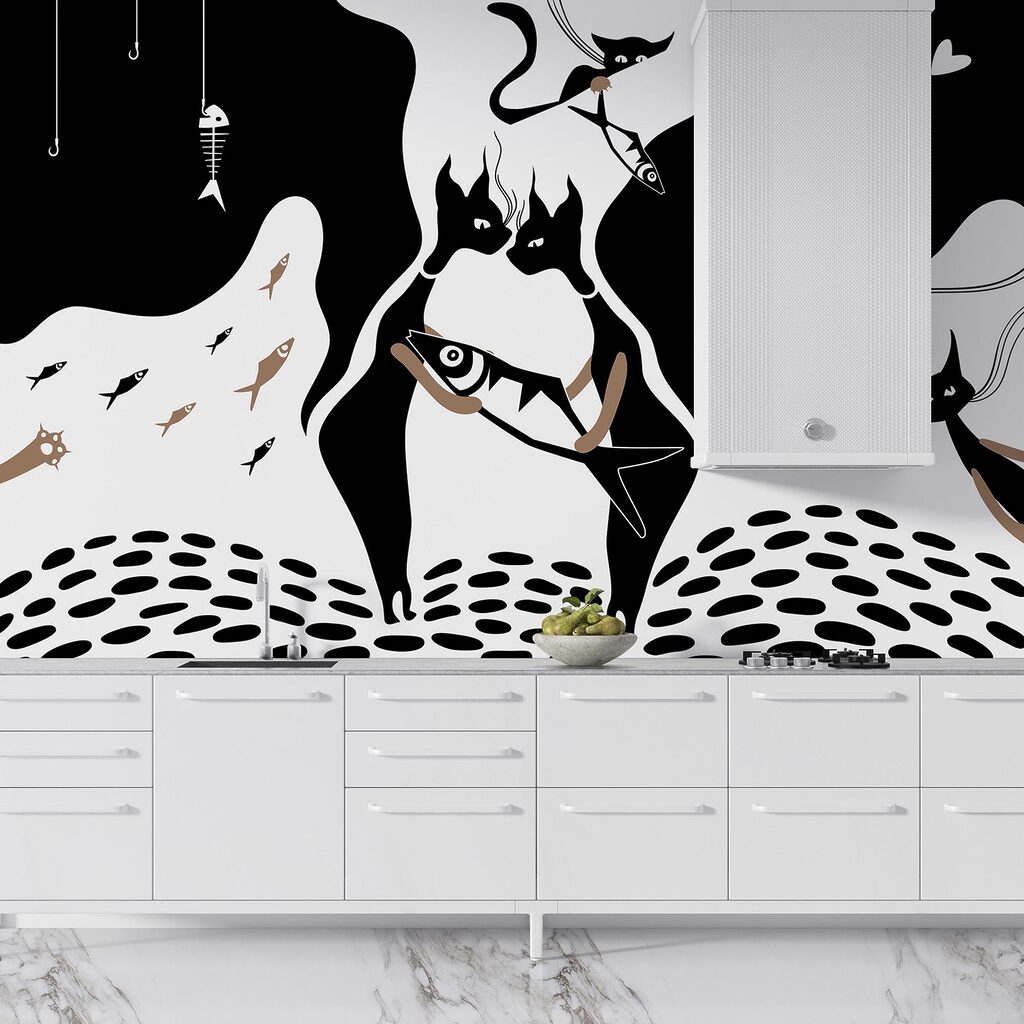 Pisică neagră și albă cu pește și pește