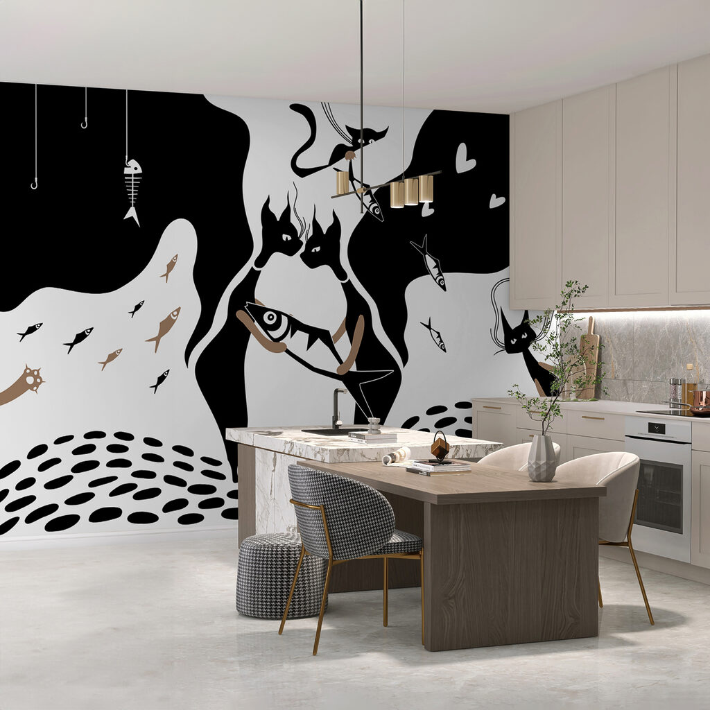 Pisică neagră și albă cu pește și pește