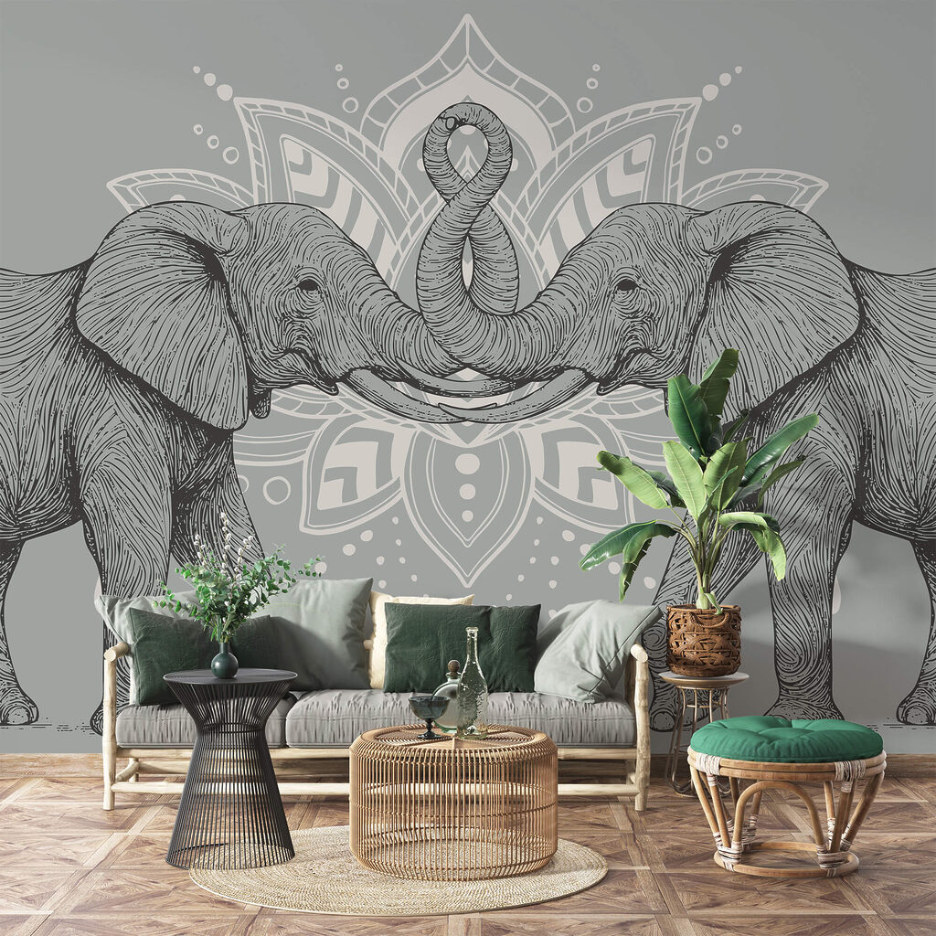 Doi elefanți cu trunchiurile atingându-se reciproc