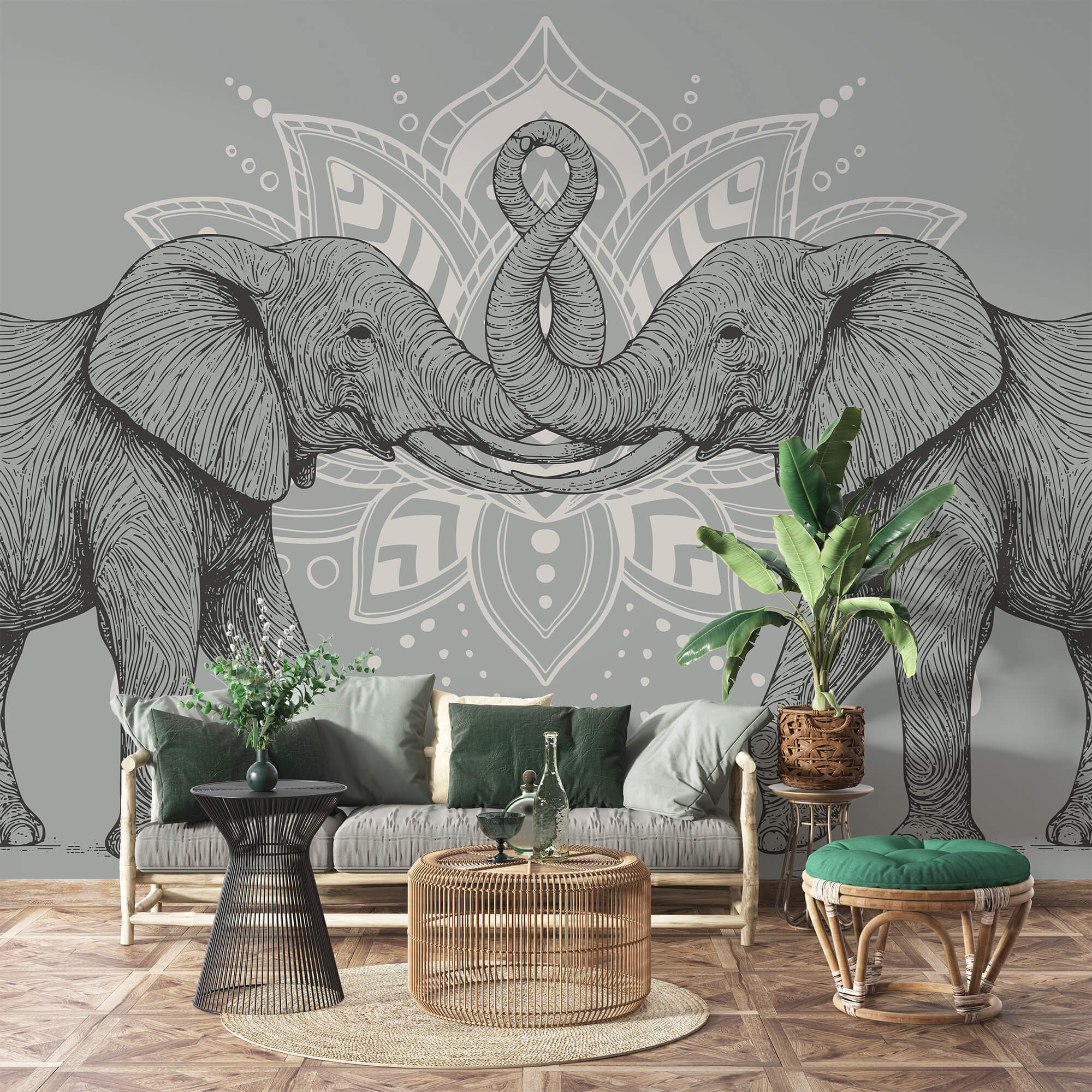 Doi elefanți cu trunchiurile atingându-se reciproc