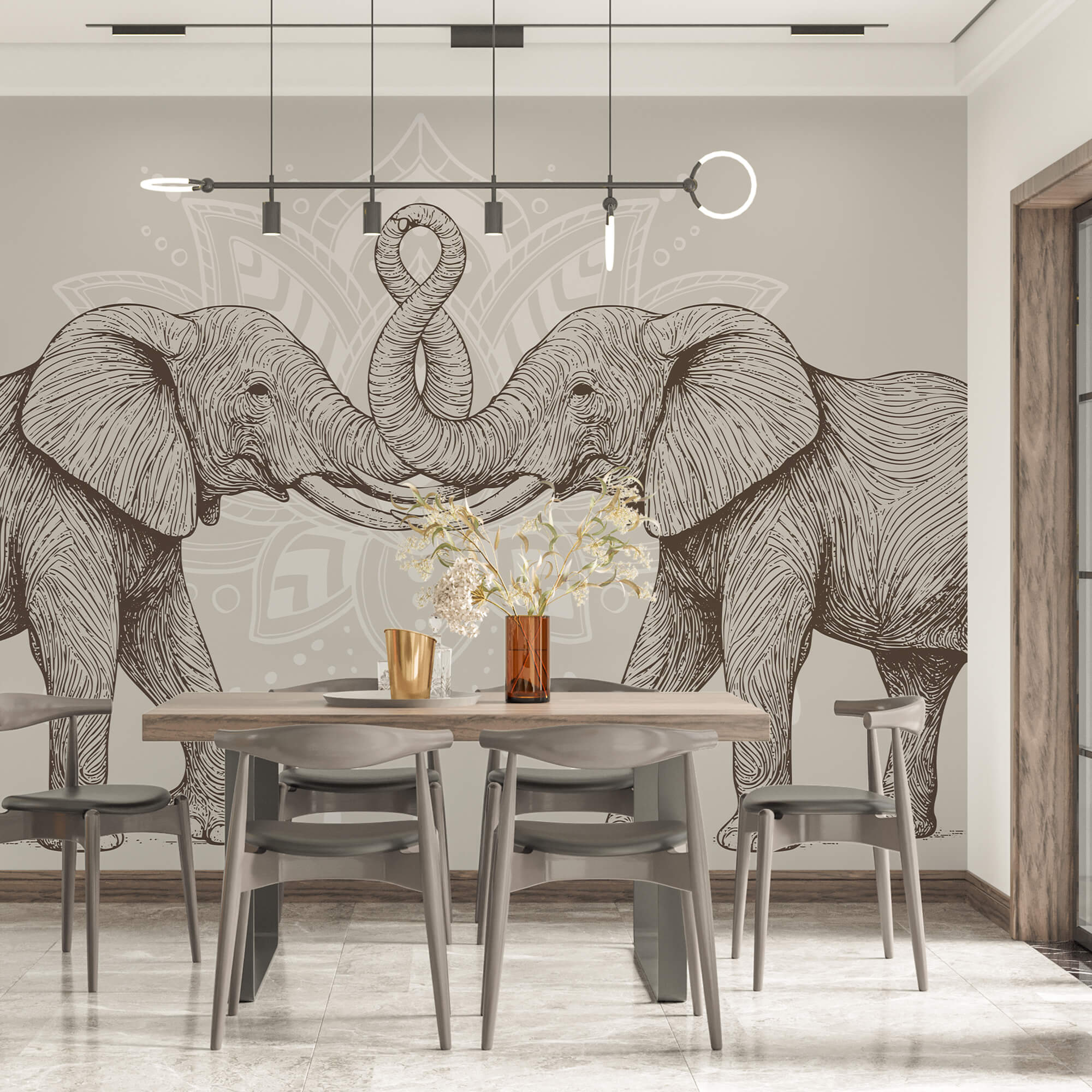 Doi elefanți cu trunchiurile încovoiate