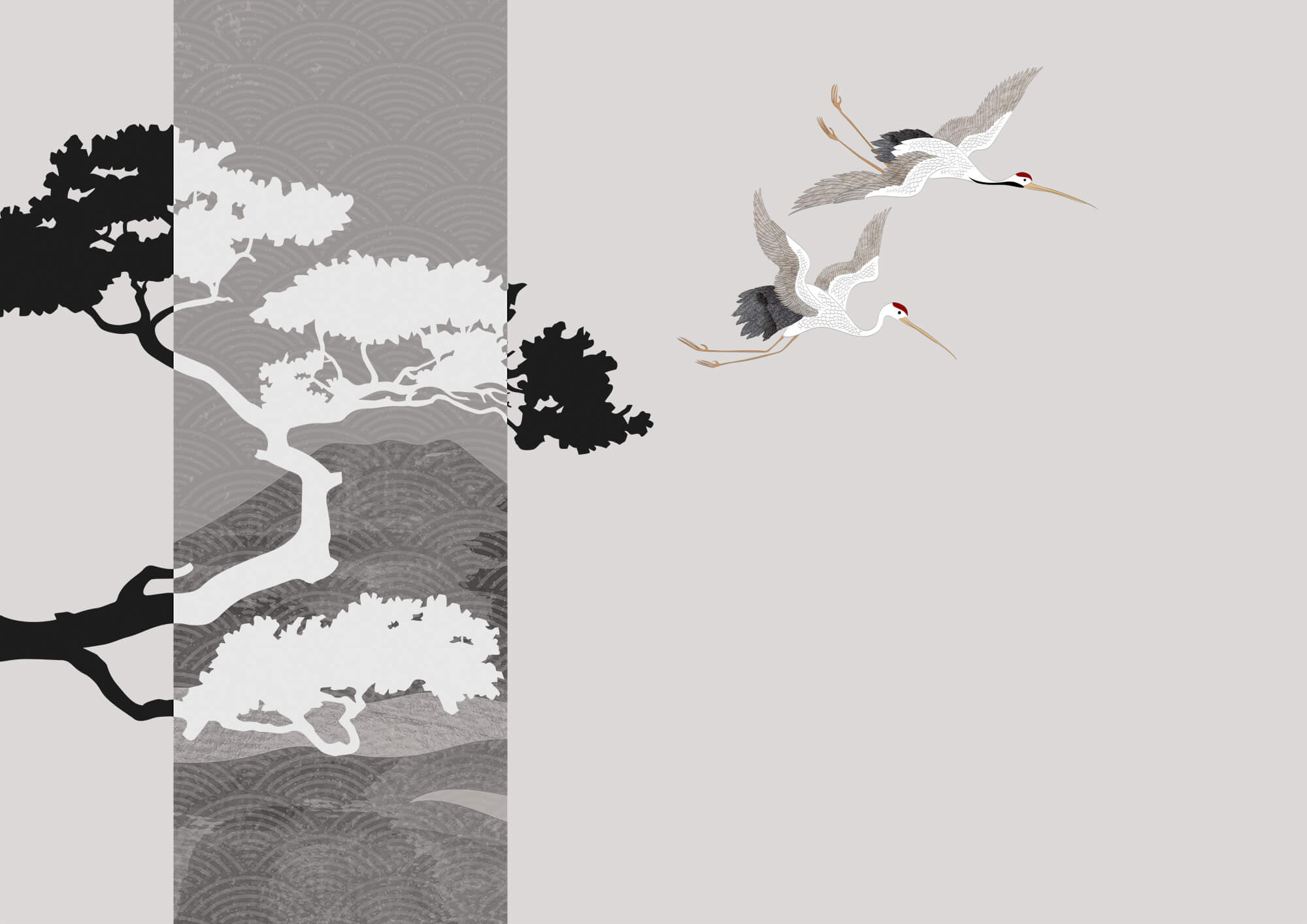 Couple of cranes flying next to a tree