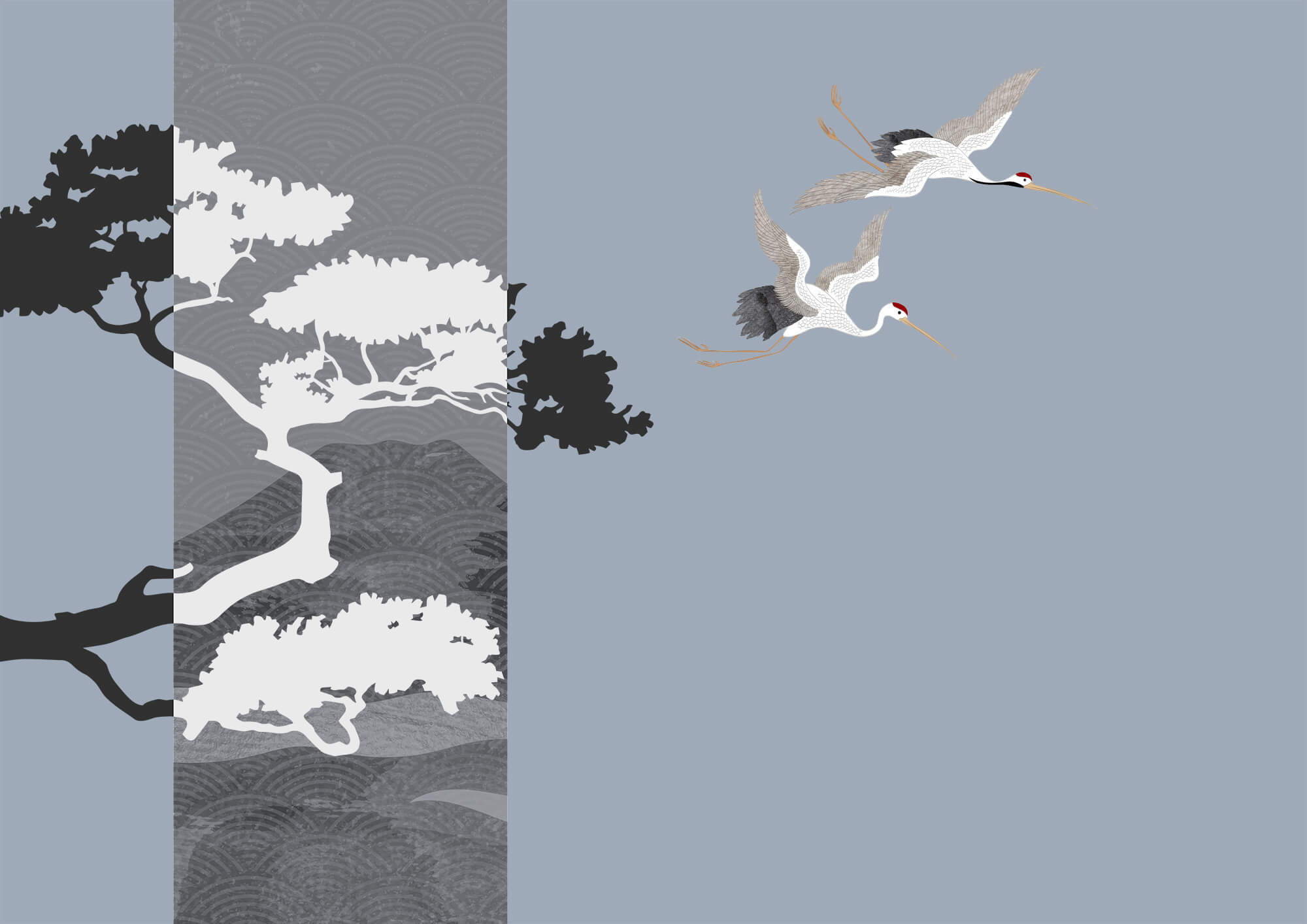 Couple of cranes flying next to a tree