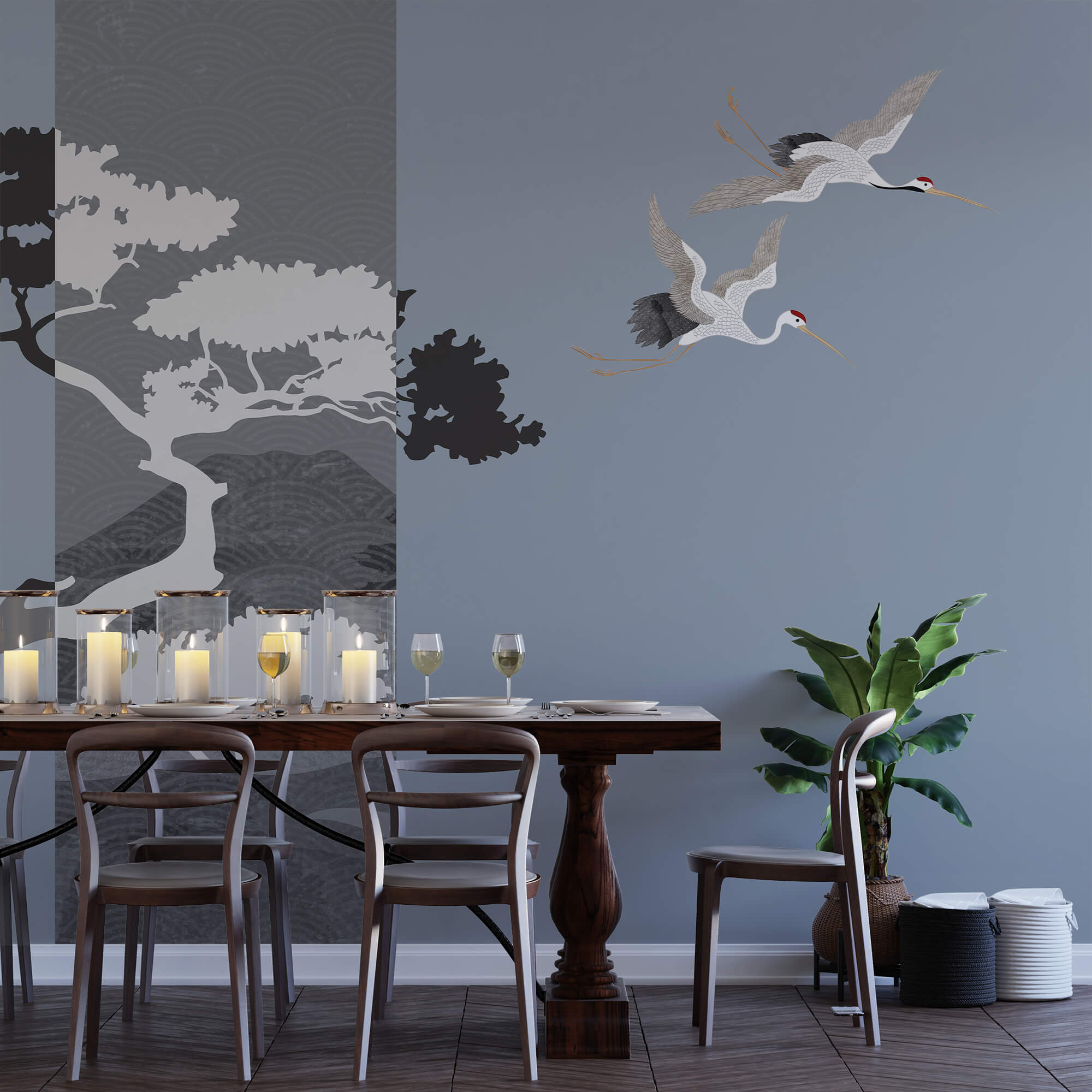 Cuplu de cocori care zboară lângă un copac