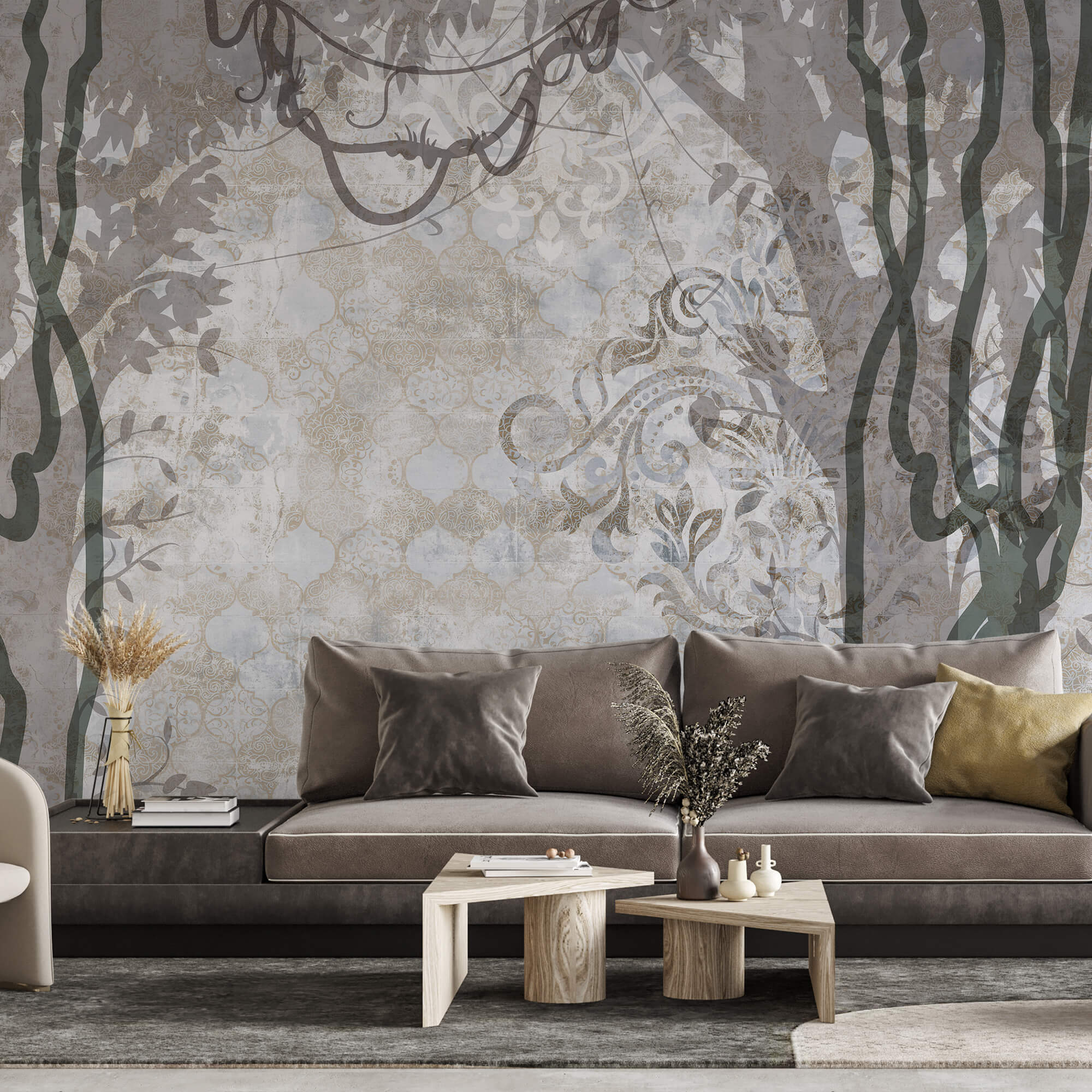 Perete alb cu viță de vie și frunze