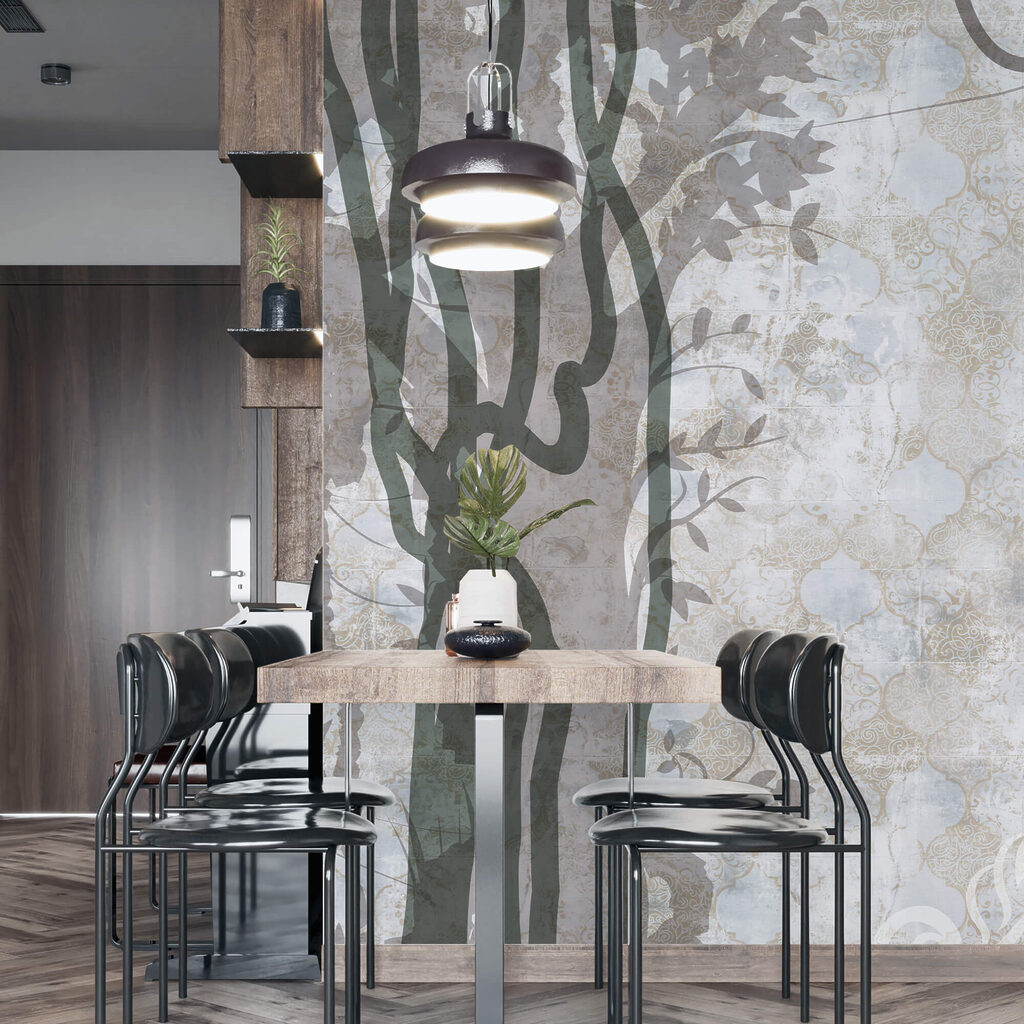 Perete alb cu viță de vie și frunze