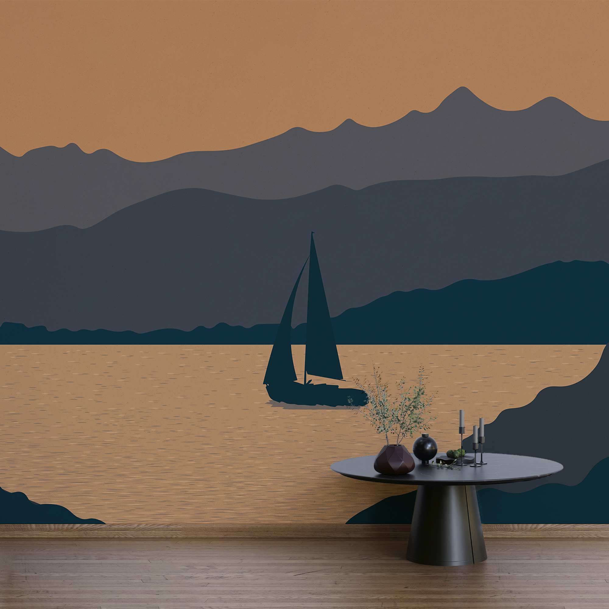 Sailboat pe apă cu munți în fundal