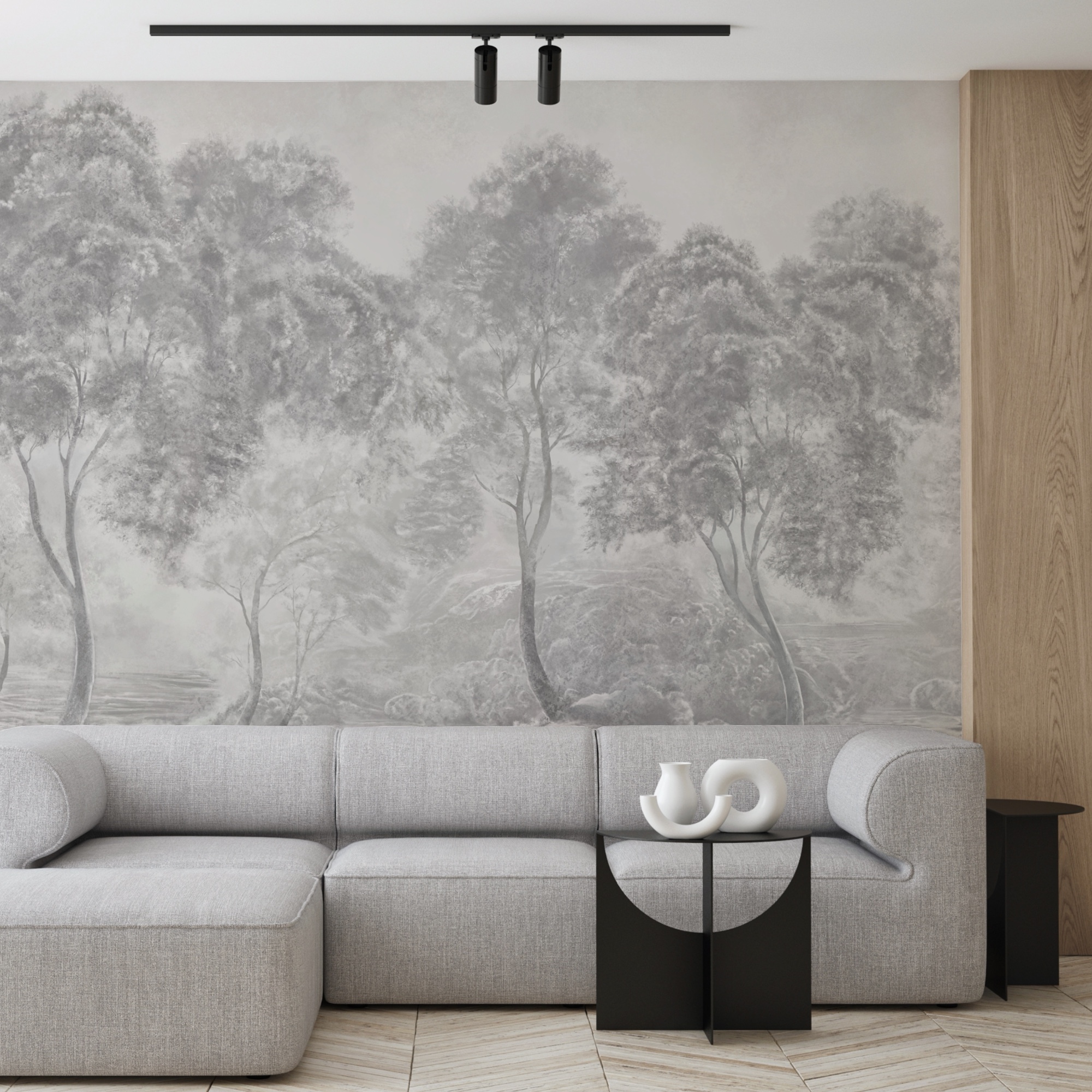 Grup de copaci într-un peisaj cețos