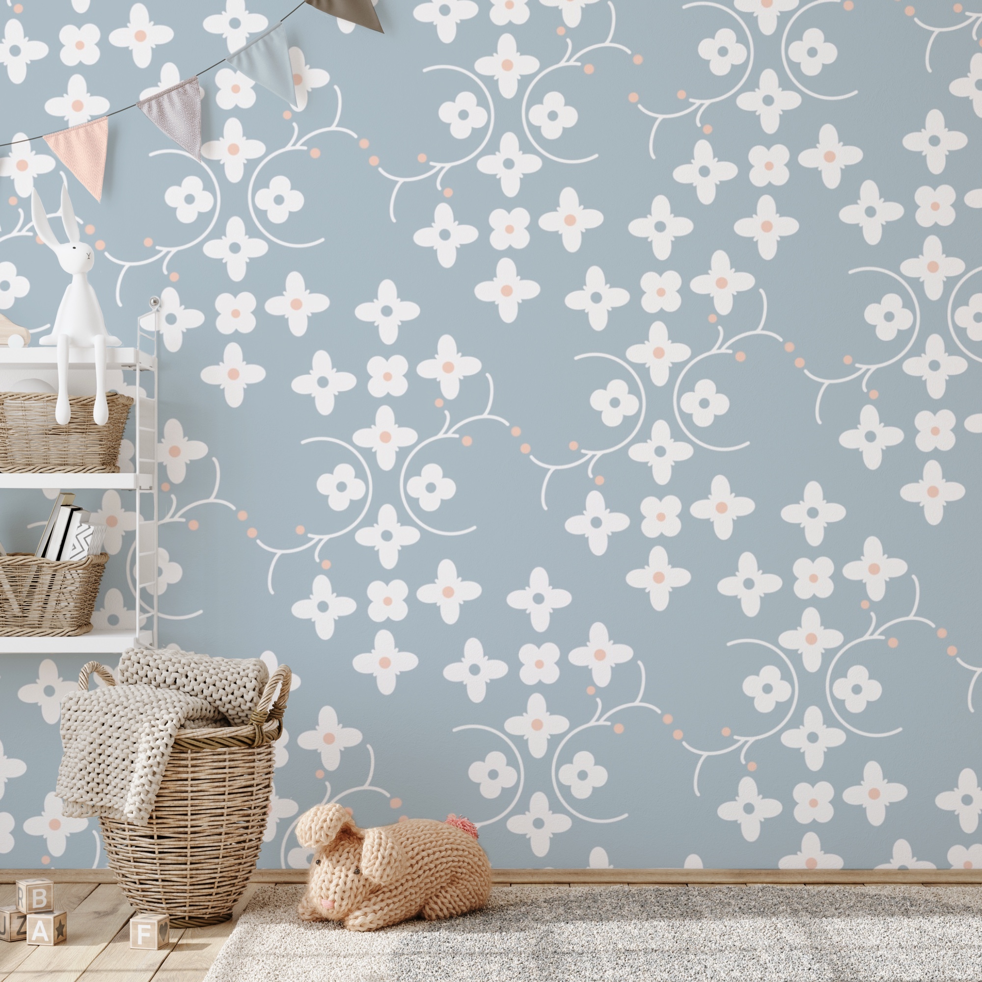 Model de flori albe și puncte roz pe un fundal albastru