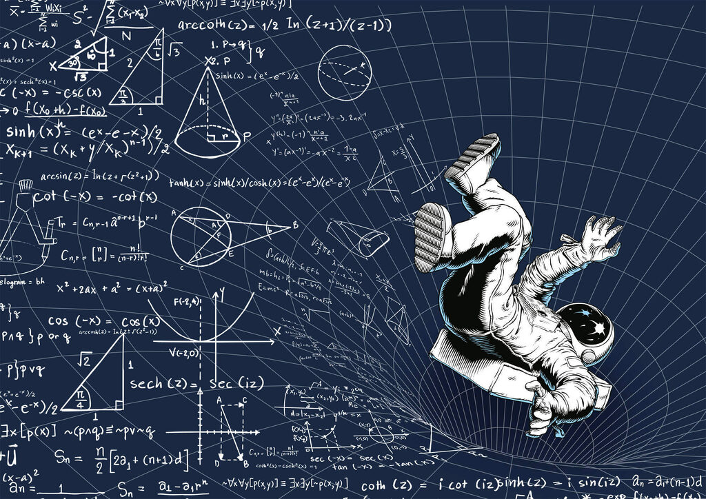 Om în costum spațial care cade pe o tablă cu ecuații matematice Om în costum spațial care cade pe o tablă cu ecuații matematice