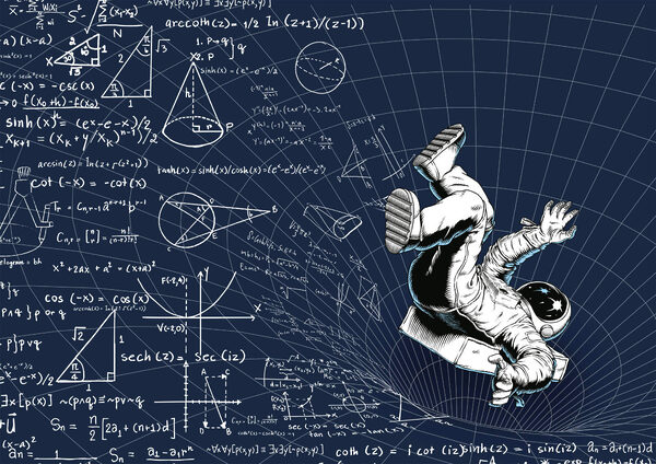 Om în costum spațial care cade pe o tablă cu ecuații matematice Om în costum spațial care cade pe o tablă cu ecuații matematice