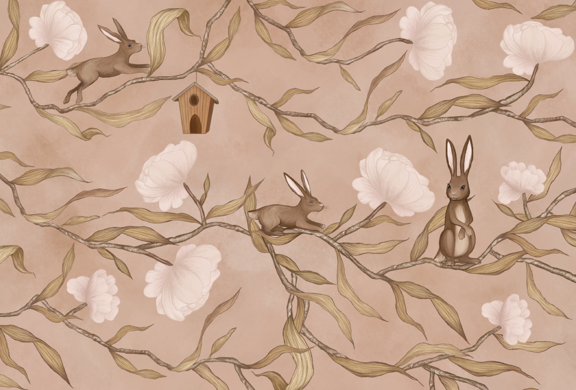 Wallpaper with rabbits and flowers
