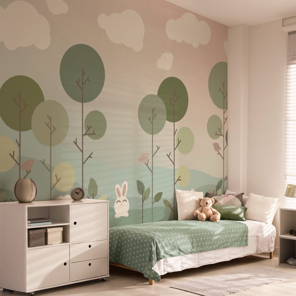 Grup de iepurași și copaci