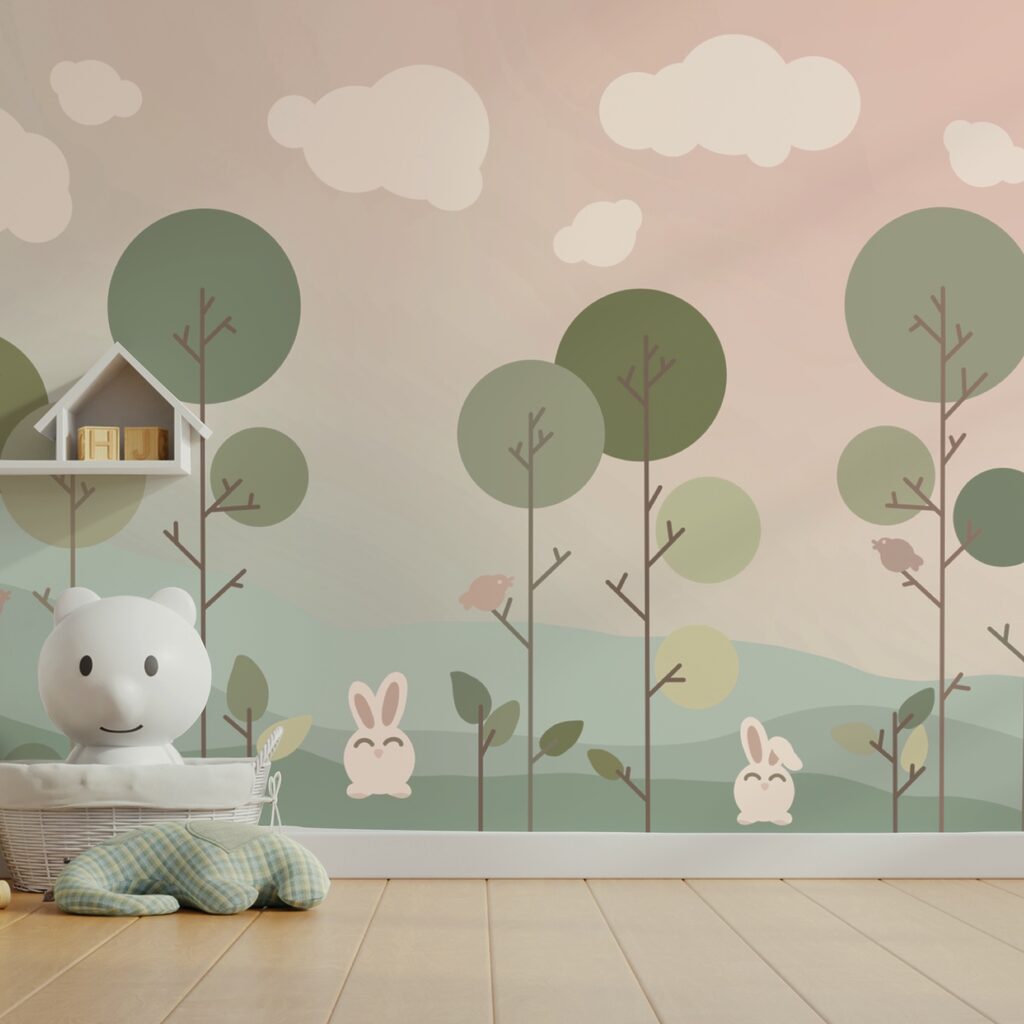 Grup de iepurași și copaci