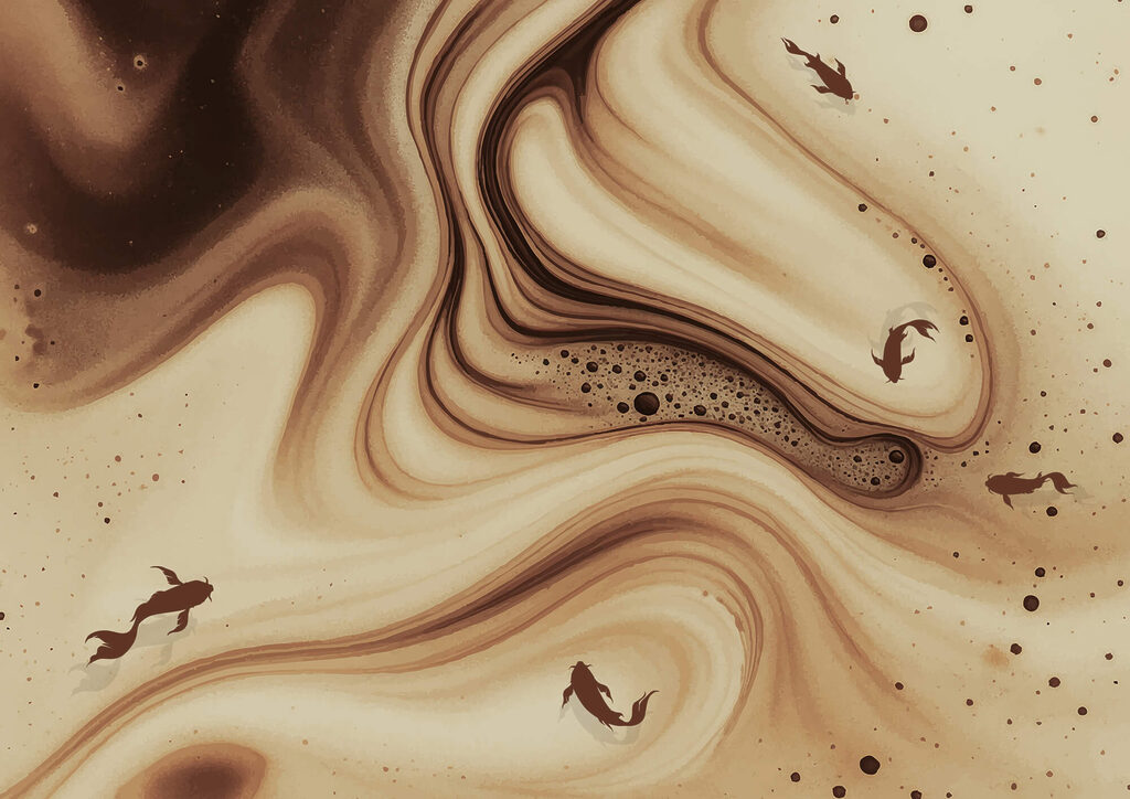 Brown și alb valuri swirly cu siluete de pește Brown și alb valuri swirly cu siluete de pește