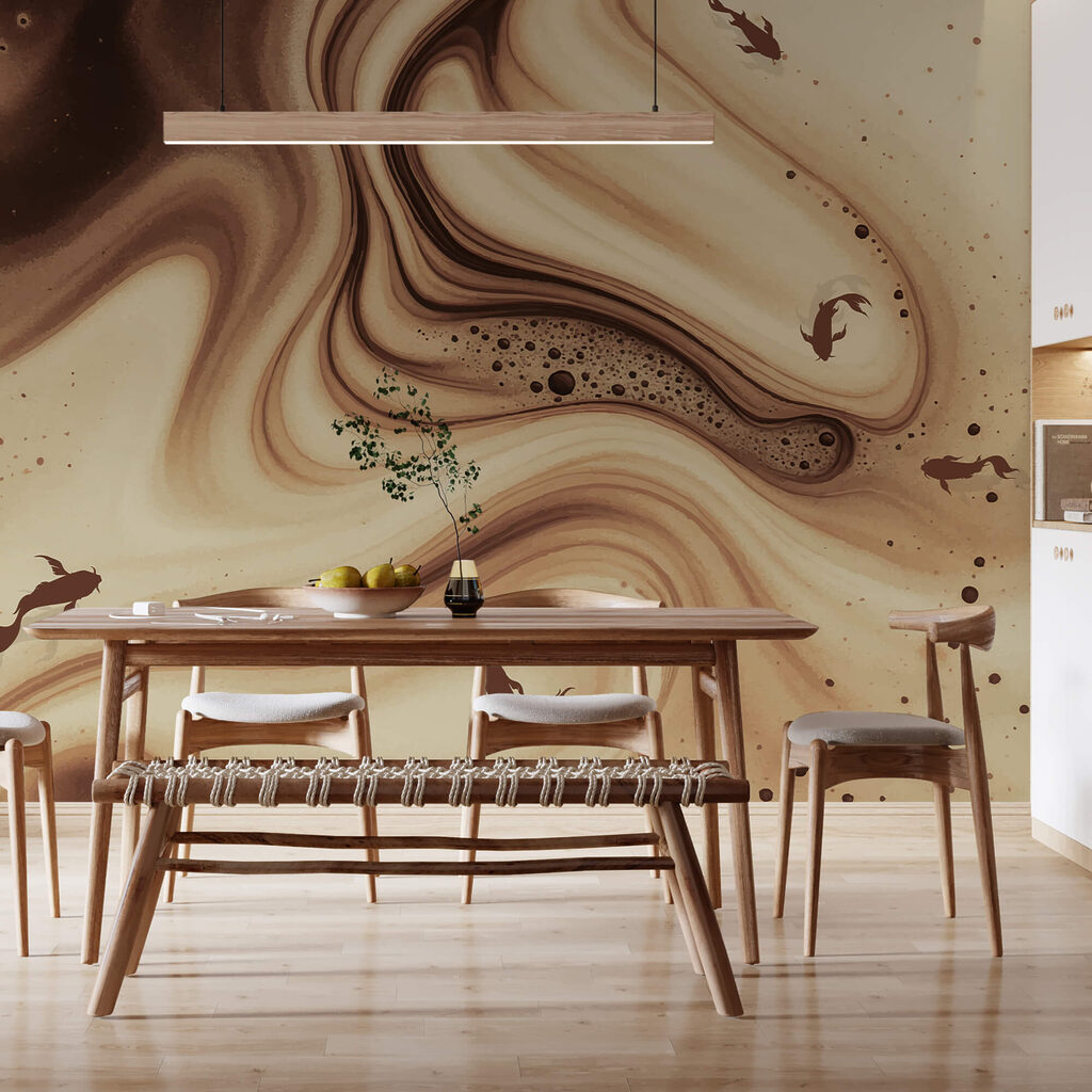 Brown și alb valuri swirly cu siluete de pește