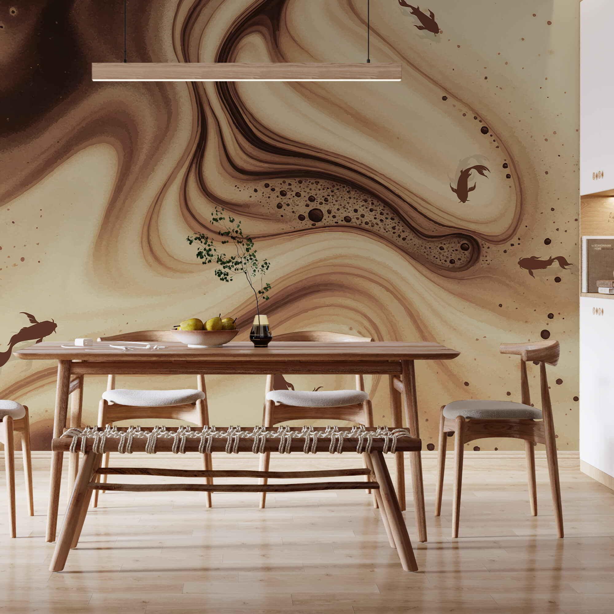 Brown și alb valuri swirly cu siluete de pește